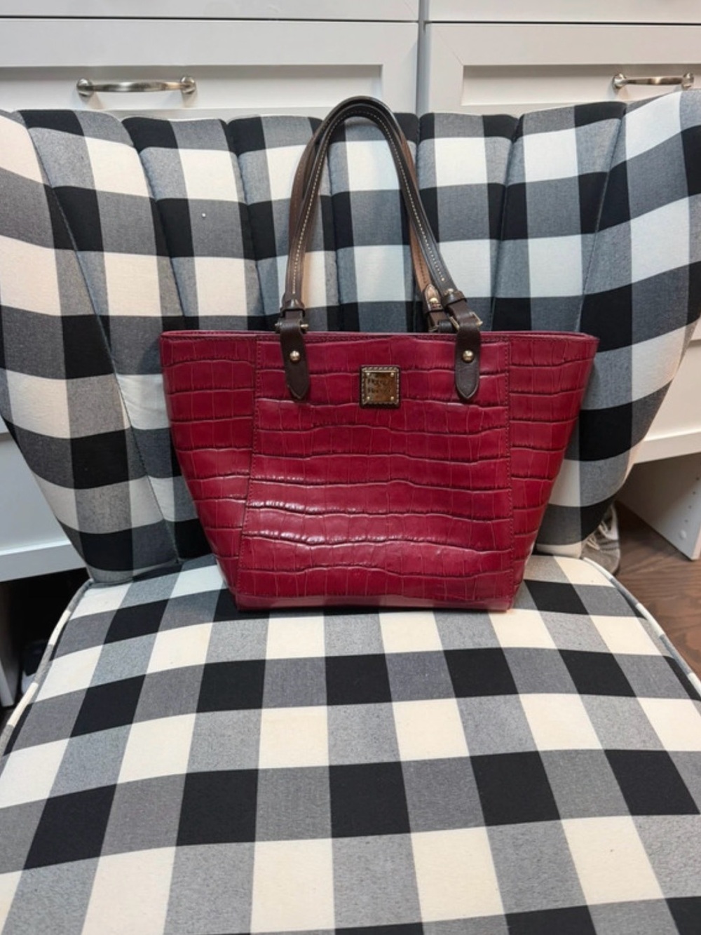 Dooney & Bourke Wine Croc-Embossed Tote with Brown Handles